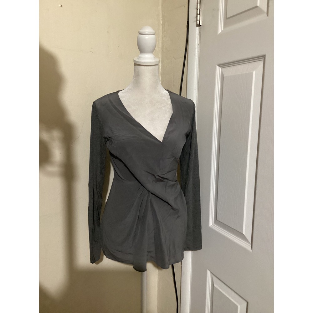 Bailey 44 Gray Draped Wrap Front 100% Silk Long Sleeve Top XS Made in USA